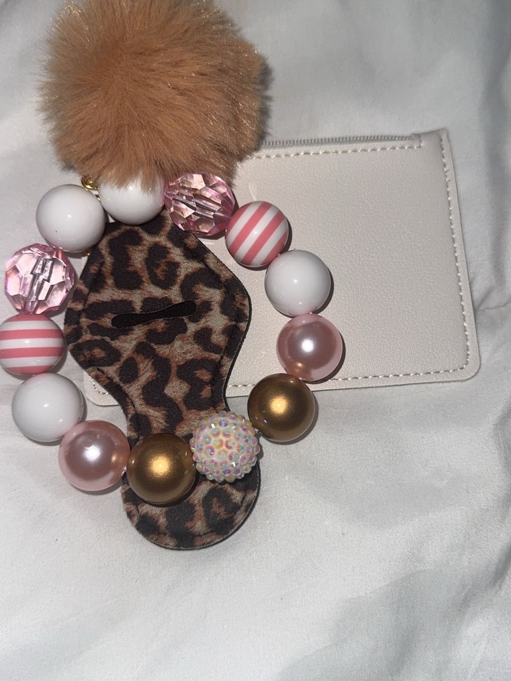 Kids Pink & Gold Beaded Wristlet Pacifier Holder with Leopard Accent